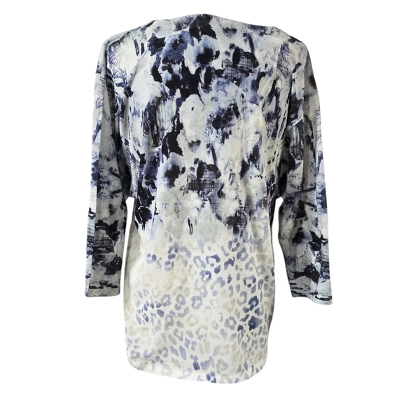 Chico's Blue Cream Abstract Floral Leopard Print Tie Front Dolman Sleeve Top - Picture 2 of 9